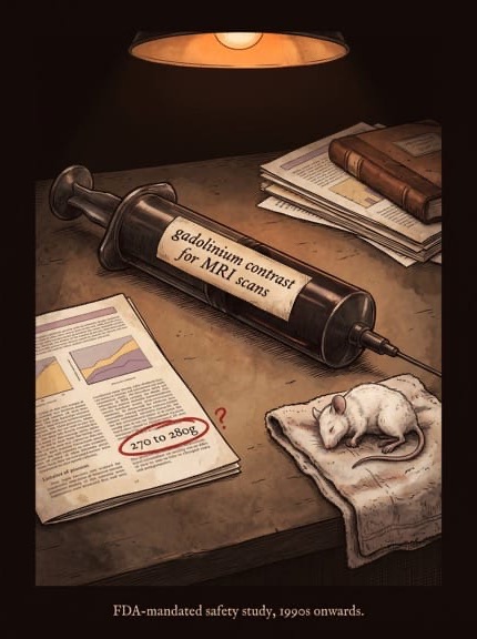 A vintage comic-book cover showing a giant syringe, a specimen jar, and a suspicious-looking research paper, satirising the gadolinium animal studies.